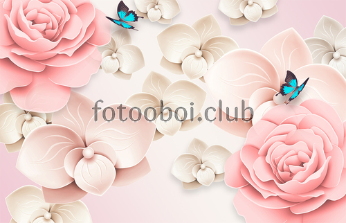 цветок, цветы, розы, бабочки, листья, 3д, 3d 